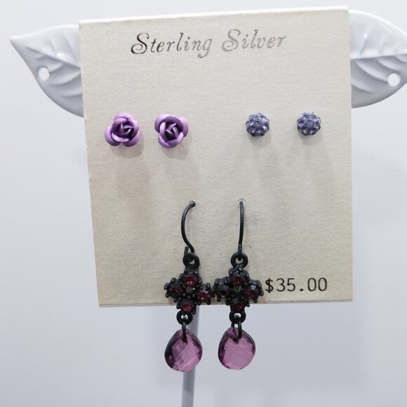 Sterling Silver Purple Earrings Set 3 Pairs Stud & Dangle New on Card - Picture 2 of 7